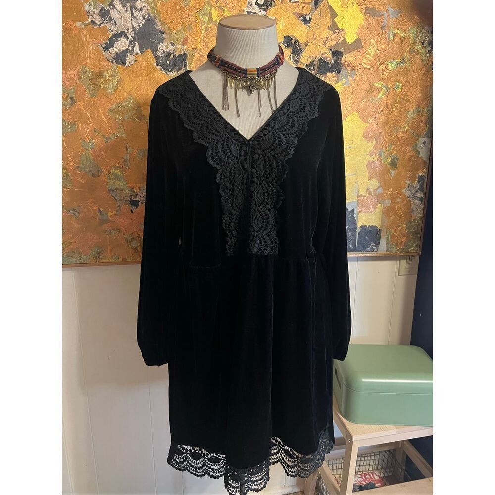 Rusttydustty Black Velvet & Lace Boho Mini Dress Prairie 1X
